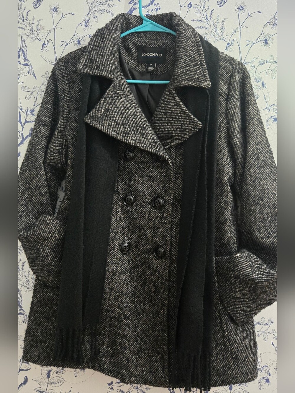 London Fog Women's Black & Gray Double-Breasted Wool Blend Coat
